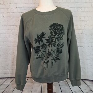 American Eagle Outfitters Olive Floral Crew Neck Sweater